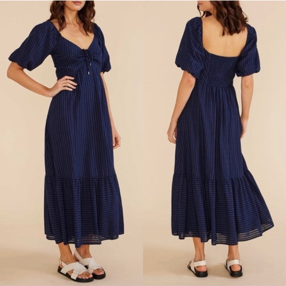 MINKPINK Arielle Midi maxi long Dress Shortsleeve Striped Smocked Navy SMALL NWT